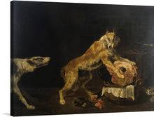  The artwork depicts a tense scene of two dogs snarling and baring their teeth as they fight over a piece of meat. The background is dark, making the dogs the only source of light, which adds to the intensity of the scene. This print, with its raw emotion and stark realism, would make a bold statement in any room. 