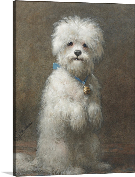 This captivating print features a fluffy white dog with a blue collar and a golden bell, sitting against a muted background. The ethereal quality of the dog’s white fur contrasted against the subdued backdrop evokes a sense of mystery and allure. The artist’s signature at the bottom adds a personal touch to the piece. 