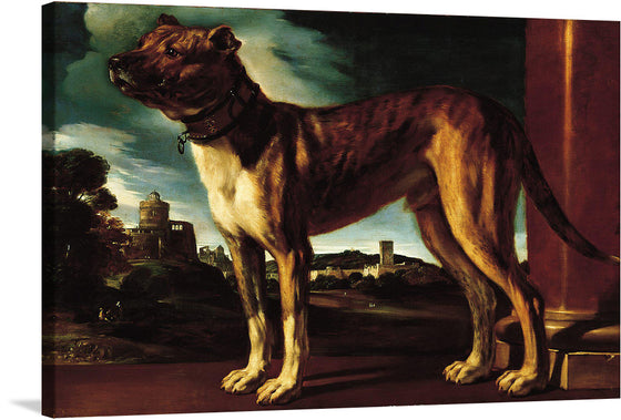 The “Aldrovandi Dog” is a life-size portrait of a brindle-coated dog painted by Guercino in 1625. The dog’s elaborate leather collar bears the coat of arms of Count Filippo Aldrovandi of Bologna, who may have been the dog’s owner. 