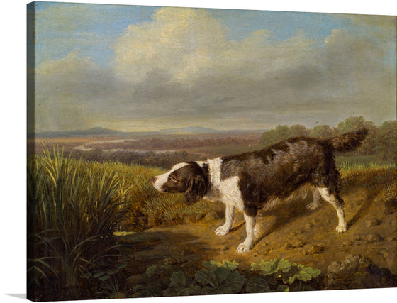 Immerse yourself in the serene beauty of this exquisite artwork, now available as a premium print. A testament to the harmonious dance between nature and animal, this piece captures a majestic dog amidst its exploration through lush fields under the watchful gaze of a dramatic sky. 