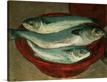  “Fish” is a beautiful and unique piece of art that would make a great addition to any collection. The painting features three fish on a red plate, with a blue-green background. 