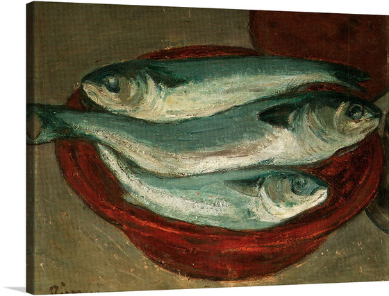 “Fish” is a beautiful and unique piece of art that would make a great addition to any collection. The painting features three fish on a red plate, with a blue-green background. 