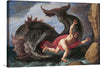 “Jonah and the Whale” is a stunning artwork that captures the pivotal biblical moment where man meets beast in a dance of fate and divine intervention. The artwork depicts Jonah being swallowed by a large whale, with Jonah portrayed mid-air with his body arched backward; he wears a flowing red garment.