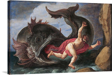  “Jonah and the Whale” is a stunning artwork that captures the pivotal biblical moment where man meets beast in a dance of fate and divine intervention. The artwork depicts Jonah being swallowed by a large whale, with Jonah portrayed mid-air with his body arched backward; he wears a flowing red garment.