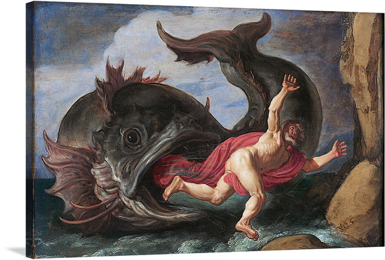 “Jonah and the Whale” is a stunning artwork that captures the pivotal biblical moment where man meets beast in a dance of fate and divine intervention. The artwork depicts Jonah being swallowed by a large whale, with Jonah portrayed mid-air with his body arched backward; he wears a flowing red garment.