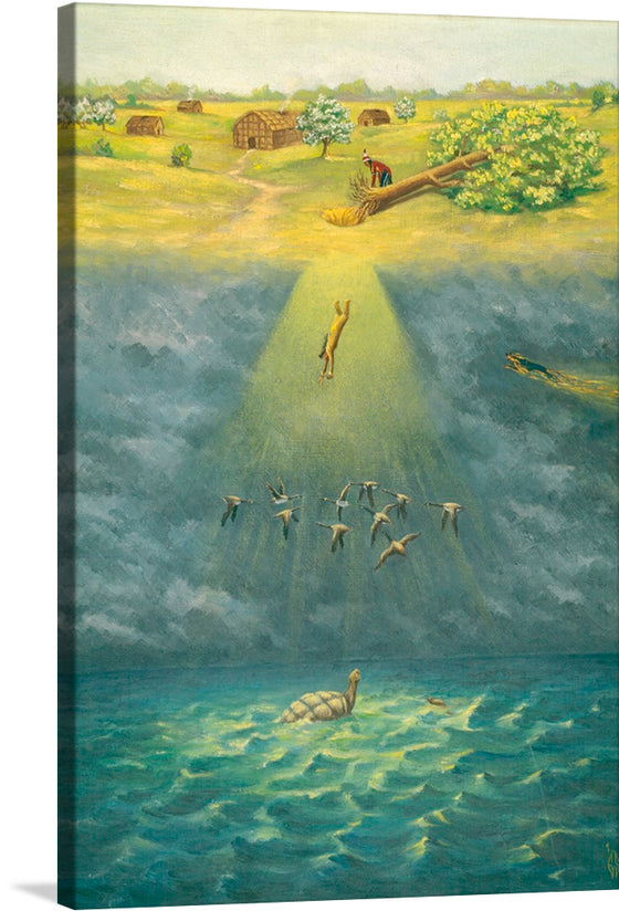 The story of Sky Woman is present in many different North American oral traditions and explains the origin of humans on Earth. The story teaches reciprocity and the remembering that humans arrived to the world last, making us the youngest of species and therefore, reminding us of the importance to learn from other species. This painting by Ernest Smith portrays the story.&nbsp;