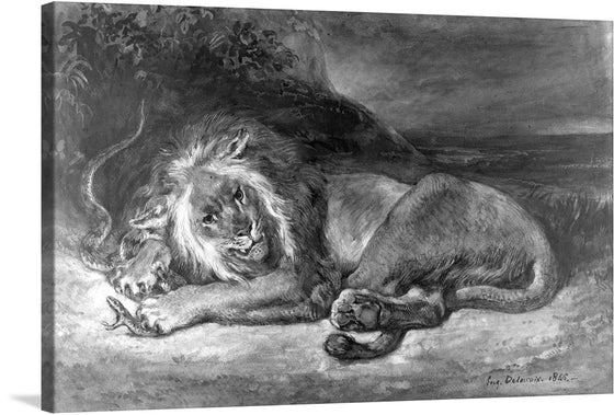 Immerse yourself in the majesty of the wild with this exquisite print of a classic artwork. The piece captures a regal lion, rendered with intricate detail and skill, showcasing its powerful yet graceful presence. Every strand of its lush mane, the intensity in its eyes, and the serene backdrop are depicted with an artistry that promises to be a conversation starter. 