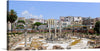 This print features a beautiful panoramic view of the ancient ruins of the Macellum of Pozzuoli in Italy. The ruins are surrounded by modern buildings, creating a unique contrast between the old and the new. The image showcases columns, arches, and walls of the ancient Roman market building, with palm trees and modern buildings in the background.