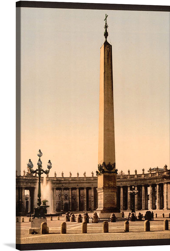 “St. Peter’s Place, the Obelisk, Rome, Italy” is a captivating print that transports you to the heart of Vatican City. Crafted by the renowned Detroit Publishing Company, this artwork captures a timeless scene of Rome’s iconic landscape. The towering Egyptian obelisk, sometimes known as Caligula’s Obelisk, stands majestically at the center of St. Peter’s Square. 