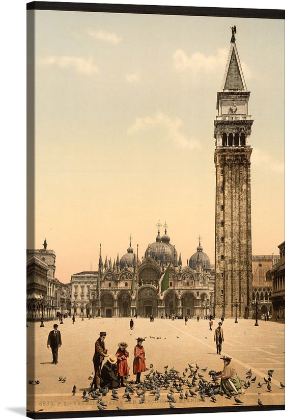 Step back in time with this exquisite print capturing the iconic Piazza San Marco in Venice. The artwork, rich in detail and history, portrays a serene moment where locals and visitors alike are immersed in the timeless beauty of the square. The majestic St. Mark’s Basilica and Campanile stand as testaments to architectural grandeur, while individuals adorned in period attire add a touch of nostalgia.