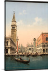 Step into the serene elegance of Venice with this exquisite print. The artwork captures the iconic Piazza San Marco, enveloped in a tranquil atmosphere. A gondolier gently rows through the calm waters, offering a picturesque view of the architectural marvels that define this beloved city. The Doge’s Palace and St Mark’s Campanile stand majestically, echoing tales of a rich history and culture. 