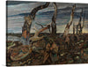 As an official Canadian war artist, Frederick Varley, a future member of the Group of Seven, painted many scenes on the Western Front. Here, German prisoners walk along a rocky road past rows of dead trees, debris, and bodies. 