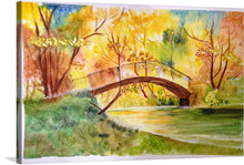  Every brushstroke captures the tranquil ambiance of a picturesque landscape adorned with a charming wooden bridge arching gracefully over a peaceful stream. The lush greenery, kissed by the golden hues of autumn, invites viewers into a world where nature dances in harmony.