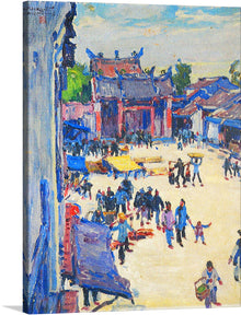  Immerse yourself in the vibrant and bustling atmosphere of an Asian marketplace with this exquisite print. Every brushstroke captures the dynamic energy and colorful vibrancy, bringing to life a scene where culture, commerce, and community intertwine. The artwork’s rich palette, accentuated by bold blues and radiant reds, invites viewers into a world where tradition meets modernity. 