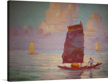  “Sampans at Japanese Formosa” is a captivating piece that transports viewers to a serene world where traditional Japanese boats, known as sampans, glide gracefully across the tranquil waters. The artist’s skillful use of color bathes the scene in a soft, ethereal glow, with golden hues dancing upon the gentle waves. In the foreground, a sampan with vibrant red sails takes center stage, its occupants adding a touch of human presence.