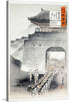 Immerse yourself in the intricate details and historical allure of “Minister Otori entering the Palace in Company with Tai-in-kun (1895)”. This captivating artwork, now available as a print, transports you back to a pivotal moment in history. Witness Minister Otori and Tai-in-kun’s grand entrance, surrounded by an entourage, encapsulating a blend of power, respect, and tradition. 