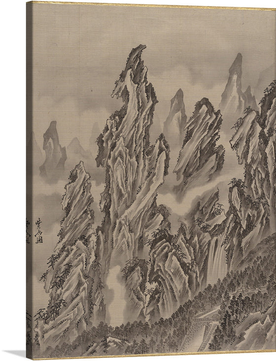 Immerse yourself in the serene beauty of this exquisite artwork, a print that captures the timeless elegance of traditional Asian landscape art. Each stroke meticulously paints a narrative of tranquil mountains, their majestic peaks shrouded in an enigmatic mist. The monochromatic palette, enriched with varying intensities of ink, unveils a world where nature and imagination converge. 