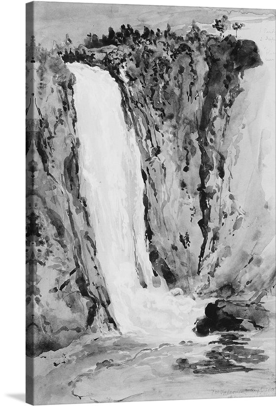 Immerse yourself in the serene beauty of this exquisite print, capturing the majestic cascade of a waterfall amidst a tranquil landscape. Every brushstroke, every nuance of light and shadow, brings this monochromatic masterpiece to life. The artwork’s elegant interplay of black and white tones evokes a timeless allure, making it a captivating addition to any space. 