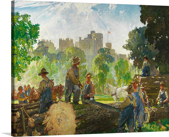 “Canadian Foresters in Windsor Park” by Gerald Moira is a beautiful and engaging print that captures the essence of the Canadian wilderness. The print showcases the natural beauty of the park and the hard work of the foresters. The painting depicts a group of Canadian foresters in Windsor Park, working hard to cut down trees.