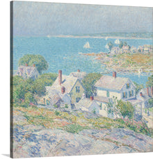  “New England Headlands” by Childe Hassam is a masterpiece that captures the essence of coastal living. The painting features charming white cottages nestled amidst nature’s splendor, where rocky terrains meet lush greenery. The azure waters, dotted with graceful sailboats, extend an invitation to experience tranquility and escape the mundane. 