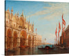 “La place Saint-Marc, inondation de 1863” is a captivating artwork that transports you to the iconic St. Mark’s Square in Venice during the historic flood of 1863. The painting beautifully captures the architectural grandeur of St. Mark’s Basilica, adorned with intricate details and standing resilient amidst the floodwaters. Gondolas float gracefully on the submerged square, adding a dynamic element to the scene. Tall red flags stand erect against a backdrop of serene blue skies, adding a vibrant contrast. 