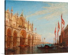  “La place Saint-Marc, inondation de 1863” is a captivating artwork that transports you to the iconic St. Mark’s Square in Venice during the historic flood of 1863. The painting beautifully captures the architectural grandeur of St. Mark’s Basilica, adorned with intricate details and standing resilient amidst the floodwaters. Gondolas float gracefully on the submerged square, adding a dynamic element to the scene. Tall red flags stand erect against a backdrop of serene blue skies, adding a vibrant contrast. 