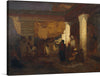 This artwork captures a moment frozen in time, where individuals are gathered in an atmospheric setting, illuminated by soft, diffused light. The painting is rich with earthy tones, creating a warm and inviting ambiance. Architectural elements like columns and walls adorned with intricate details add depth and complexity to the scene.