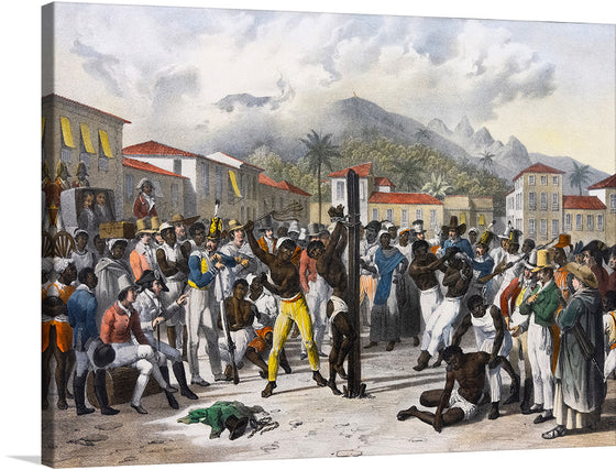 “Brazilian Anti-slavery Lithographs (1827-1835)” is a powerful artwork that depicts the harsh reality of slavery in Brazil. The image features a scene of public punishment, with a crowd of people gathered around. In the center, an individual is tied to a post, seemingly undergoing punishment.