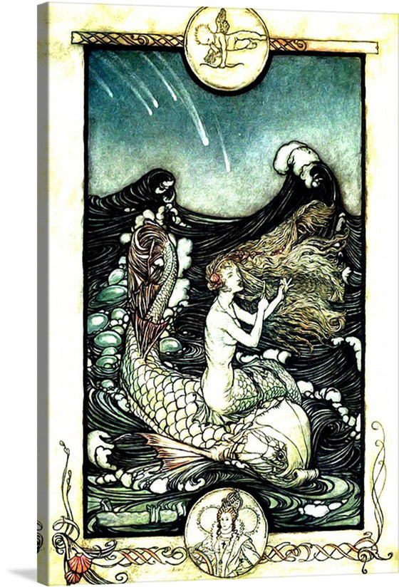 Arthur Rackham’s illustration "Sea-Maid’s Music" was created for Lewis Carroll's 1909 edition of "A Midsummer Night's Dream." It depicts a group of mermaids emerging from the depths of the ocean and singing their enchanting melodies.