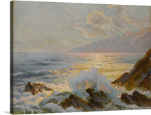  “Maine Seascape” is a stunning artwork that captures the raw beauty of Maine’s coastline. The painting depicts a dramatic seascape where waves crash against jagged rocks, creating white foam. The sky is painted in soft pastel hues, reflecting the time around sunset or sunrise. The sunlight reflects off the water surface, creating a path of light leading towards the horizon. 