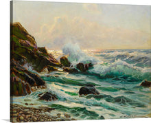  “Maine Seascape 2” by Constantin Westchiloff is a stunning print that captures the beauty of the sea and the ruggedness of the coast. The painting depicts the tumultuous dance of waves crashing against the rocky cliffs, with the vibrant hues of green and blue waters contrasting against the warm, earthy tones of the shore. 