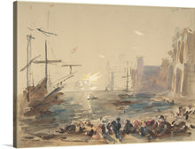  “Seascape (recto); Indecipherable sketch (verso)” by Hercules Brabazon Brabazon invites you to the tranquil beauty of a maritime scene. From an aerial perspective, ships anchor amidst calm waters, their masts reaching for the sky. The delicate brushstrokes breathe life into bustling harbors, echoing tales of voyages untold.