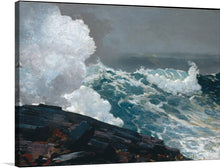  This stunning print, titled “Northeaster,” is a masterpiece that captures the raw power and majesty of ocean waves crashing against the rocky shore. The painting depicts a dramatic seascape during what appears to be stormy weather. Towering waves, painted in various shades of blue and white, crash against dark rocky cliffs. A large cloud formation dominates part of the sky, rendered in whites and grays indicating its dense volume. 