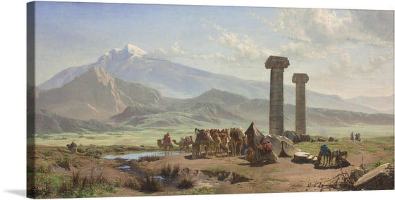 This print, titled “The Lydian Plain near Sardis, Asia Minor”, is a reproduction of an original artwork that captures an expansive landscape featuring towering mountains, ancient ruins, and a caravan of people with camels. The imposing mountains with snow-capped peaks pierce through the clear skies, overseeing a tranquil valley. Two tall stone pillars adorned with intricate designs stand prominently amidst the vast greenery, echoing stories of a civilization long past.