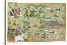  Step into a world where history and artistry intertwine, with this exquisite print capturing a vibrant scene of a bygone era. The artwork, rich in detail and color, portrays individuals adorned in traditional attire, riding majestic horses and engaging in what appears to be a hunting expedition. A lush green landscape unfolds, teeming with life - elegant deer leap gracefully amidst the foliage while fierce cheetahs prowl, embodying the untamed beauty of nature. 