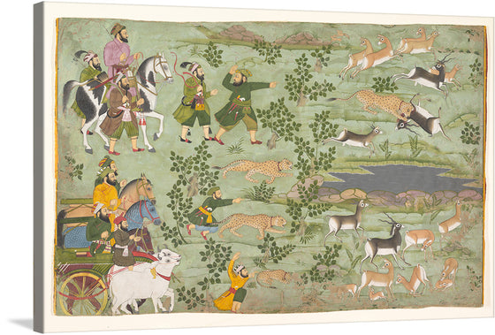 Step into a world where history and artistry intertwine, with this exquisite print capturing a vibrant scene of a bygone era. The artwork, rich in detail and color, portrays individuals adorned in traditional attire, riding majestic horses and engaging in what appears to be a hunting expedition. A lush green landscape unfolds, teeming with life - elegant deer leap gracefully amidst the foliage while fierce cheetahs prowl, embodying the untamed beauty of nature. 