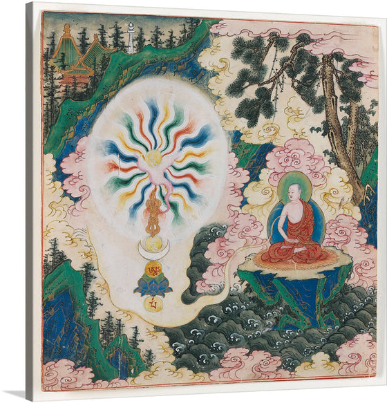 “Schildering uit reeks over de Sarvavid Vairocana Mandala” invites you to a sacred realm where art and spirituality intertwine. This exquisite print, composed of 54 meticulously crafted miniatures, serves as a guide for meditation on the cosmic mandala. At its heart stands Sarvavid Vairocana, the embodiment of boundless light and the primary of the five meditative Buddhas.