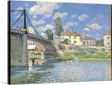  Immerse yourself in the serene beauty of this exquisite artwork, a print capturing a picturesque scene by the renowned artist, Sisley. The painting breathes life into a tranquil riverside landscape, where the gentle ripples of water reflect the azure sky dotted with fluffy clouds. A charming bridge arches gracefully over the river, connecting quaint homes that stand as silent witnesses to the passage of time. 