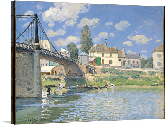 Immerse yourself in the serene beauty of this exquisite artwork, a print capturing a picturesque scene by the renowned artist, Sisley. The painting breathes life into a tranquil riverside landscape, where the gentle ripples of water reflect the azure sky dotted with fluffy clouds. A charming bridge arches gracefully over the river, connecting quaint homes that stand as silent witnesses to the passage of time. 