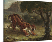  “Tiger and Snake” is a captivating masterpiece by Eugène Delacroix that transports you to the heart of a primal struggle. In this intense scene, a tiger and a snake engage in a fierce battle—their primal instincts clashing against a backdrop of lush wilderness. Delacroix’s brushwork captures the tiger’s raw power, its fur a cascade of fiery oranges and blacks. 