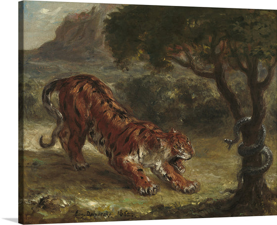 “Tiger and Snake” is a captivating masterpiece by Eugène Delacroix that transports you to the heart of a primal struggle. In this intense scene, a tiger and a snake engage in a fierce battle—their primal instincts clashing against a backdrop of lush wilderness. Delacroix’s brushwork captures the tiger’s raw power, its fur a cascade of fiery oranges and blacks. 