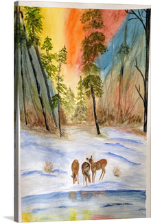  "Deer in the Snow with Trees at Dusk" by Maritess Sulcer. Maritess Sulcer is a New Jersey-based artist who specializes in watercolors, typically landscapes and seascapes. She studied at the Visual Arts Center in Summit, New Jersey.