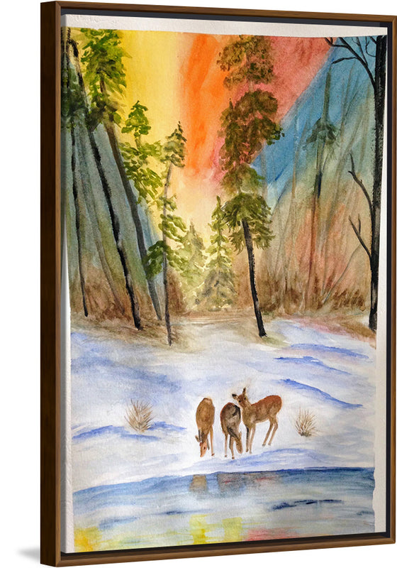 "Deer in the Snow with Trees at Dusk", Maritess Sulcer