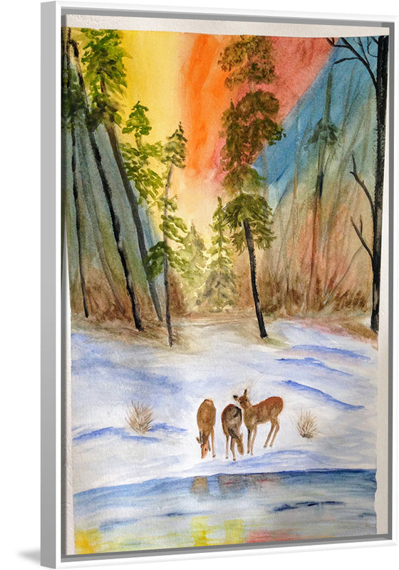 "Deer in the Snow with Trees at Dusk", Maritess Sulcer