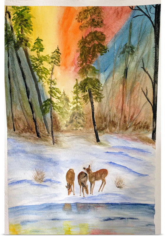 "Deer in the Snow with Trees at Dusk", Maritess Sulcer