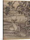 The artwork features a peaceful scene of deer and monkeys in a forest, with intricate details and a traditional Japanese style. The deer are in the foreground, with two spotted deer resting on the ground. The monkeys are in the background, hanging from tree branches. The background consists of trees, mountains, and a river.