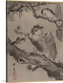  “The Owl Mocked by Small Birds” is an 1887 ink and color painting on silk by Japanese artist Kawanabe Kyōsai (1831-1889). It depicts an owl perched on a branch, surrounded by a swarm of small birds who are mocking its large eyes and awkward movements.