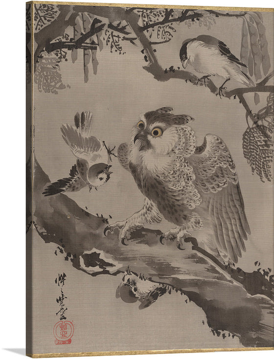 “The Owl Mocked by Small Birds” is an 1887 ink and color painting on silk by Japanese artist Kawanabe Kyōsai (1831-1889). It depicts an owl perched on a branch, surrounded by a swarm of small birds who are mocking its large eyes and awkward movements.