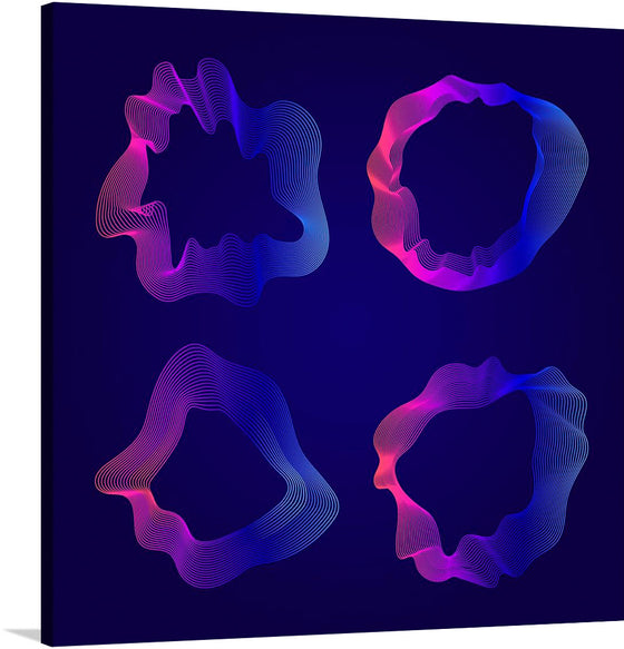 Immerse yourself in the mesmerizing world of “Pink and Blue Abstract Map Contour Lines”. This captivating artwork features four abstract shapes resembling map contour lines glowing in pink and blue hues against a dark blue background. 