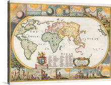  Immerse yourself in the intricate details and rich history encapsulated in this stunning print of an antique world map. Every line, color, and illustration tells a story of a world once charted by the explorers of old. The map, adorned with elaborate illustrations and celestial designs, offers not just geographical knowledge but an artistic journey through time. 